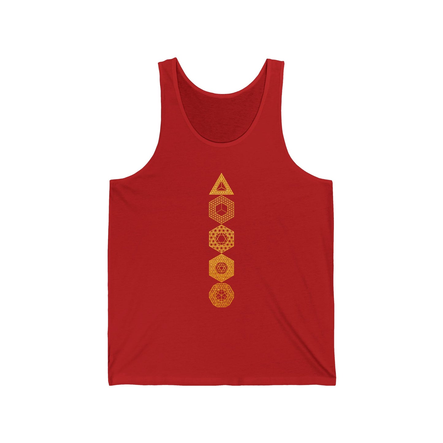 Platonic Solids | Sacred Geometry Patterns | Unique Gold Artwork | Metaphysical Clothing | Intricate Detail | Geometric Unisex Jersey Tank