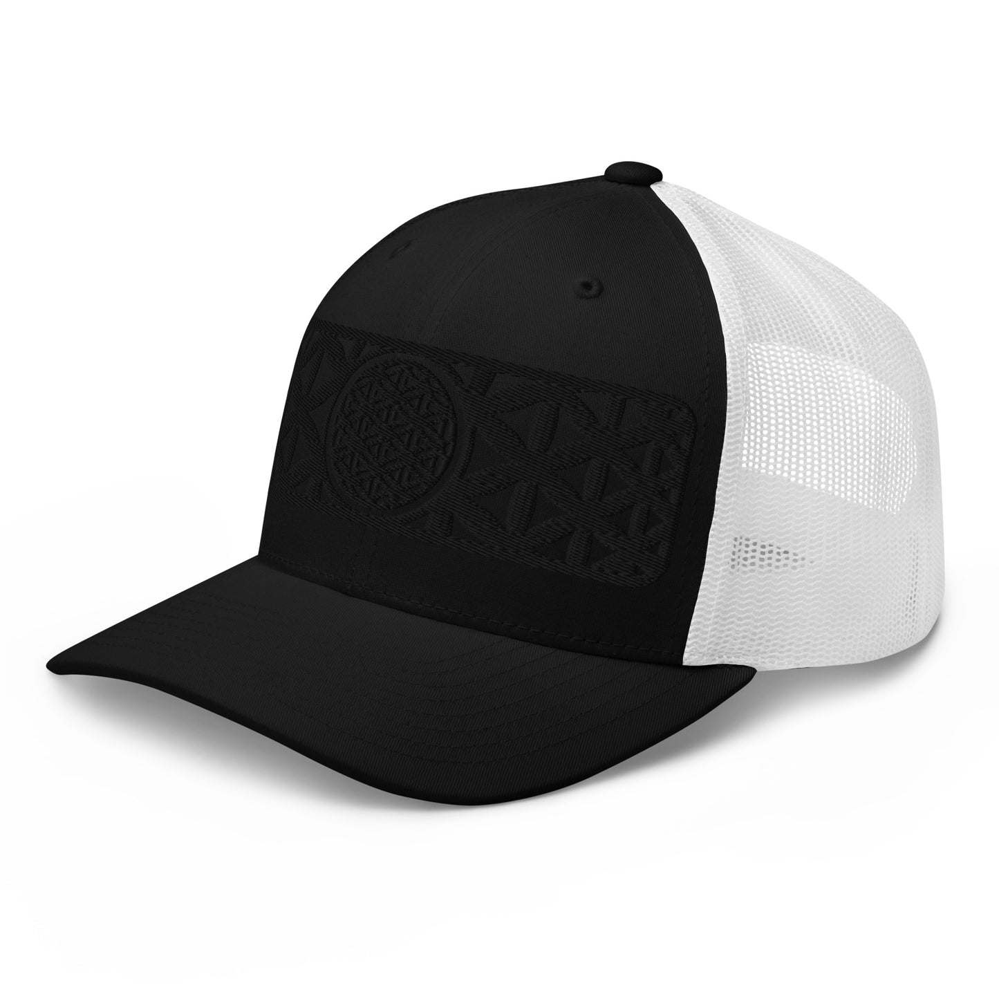 Black Flower Of Life Embroidered Trucker Cap