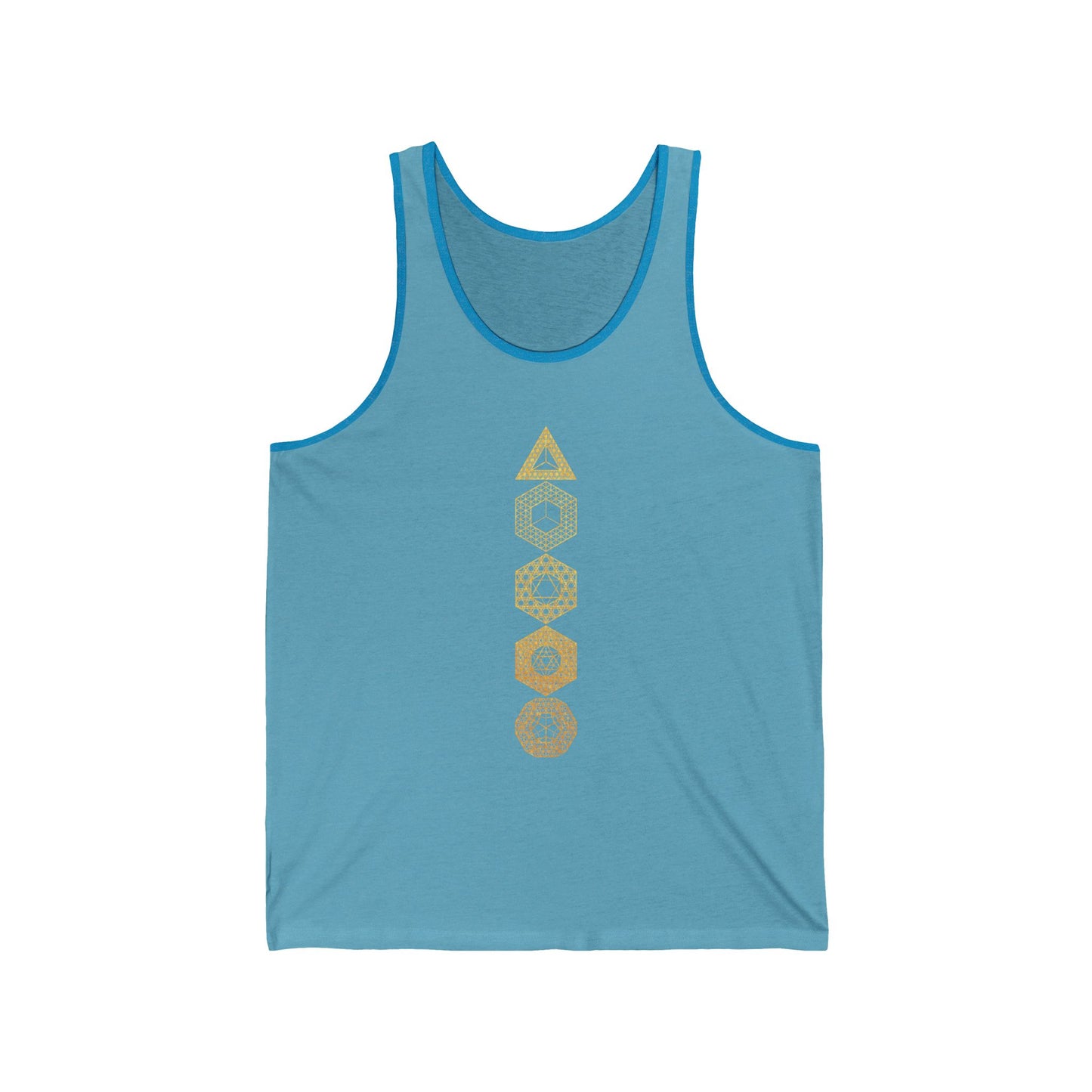 Platonic Solids | Sacred Geometry Patterns | Unique Gold Artwork | Metaphysical Clothing | Intricate Detail | Geometric Unisex Jersey Tank