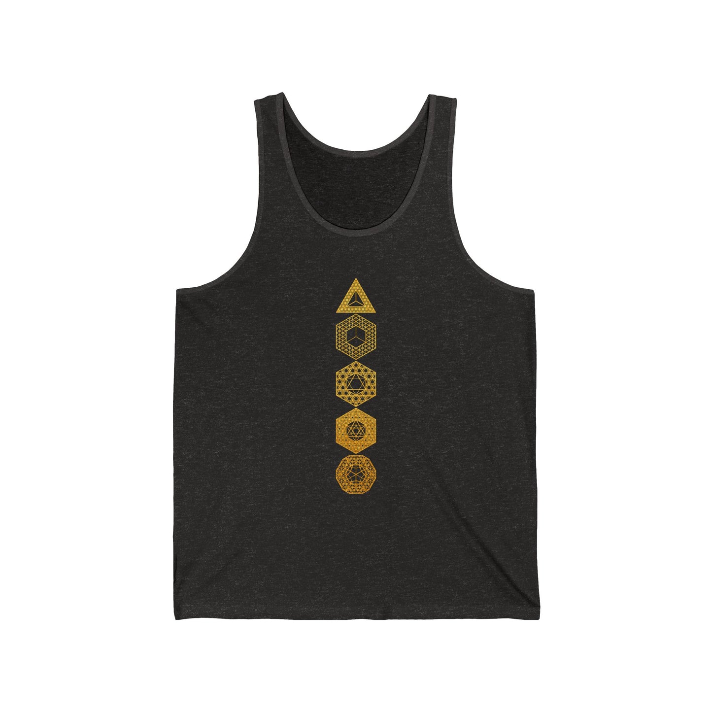 Platonic Solids | Sacred Geometry Patterns | Unique Gold Artwork | Metaphysical Clothing | Intricate Detail | Geometric Unisex Jersey Tank