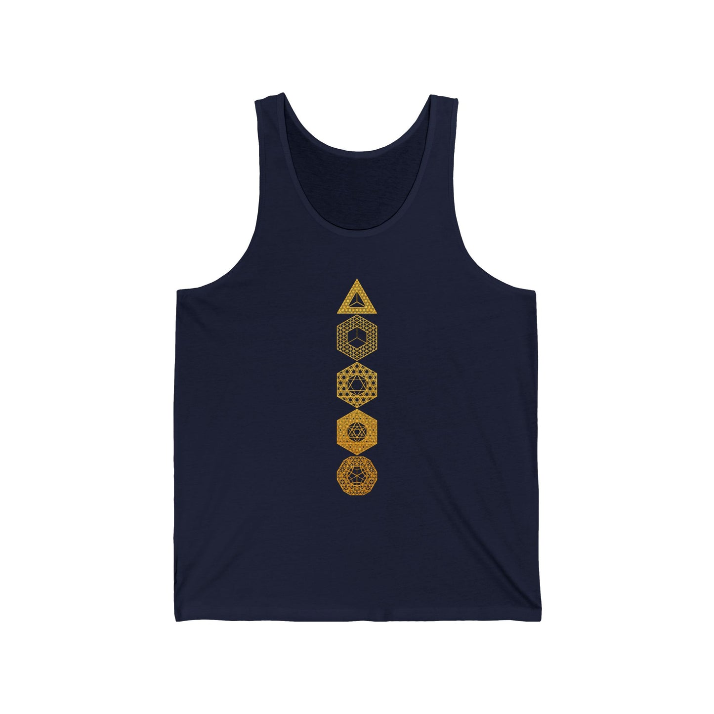 Platonic Solids | Sacred Geometry Patterns | Unique Gold Artwork | Metaphysical Clothing | Intricate Detail | Geometric Unisex Jersey Tank