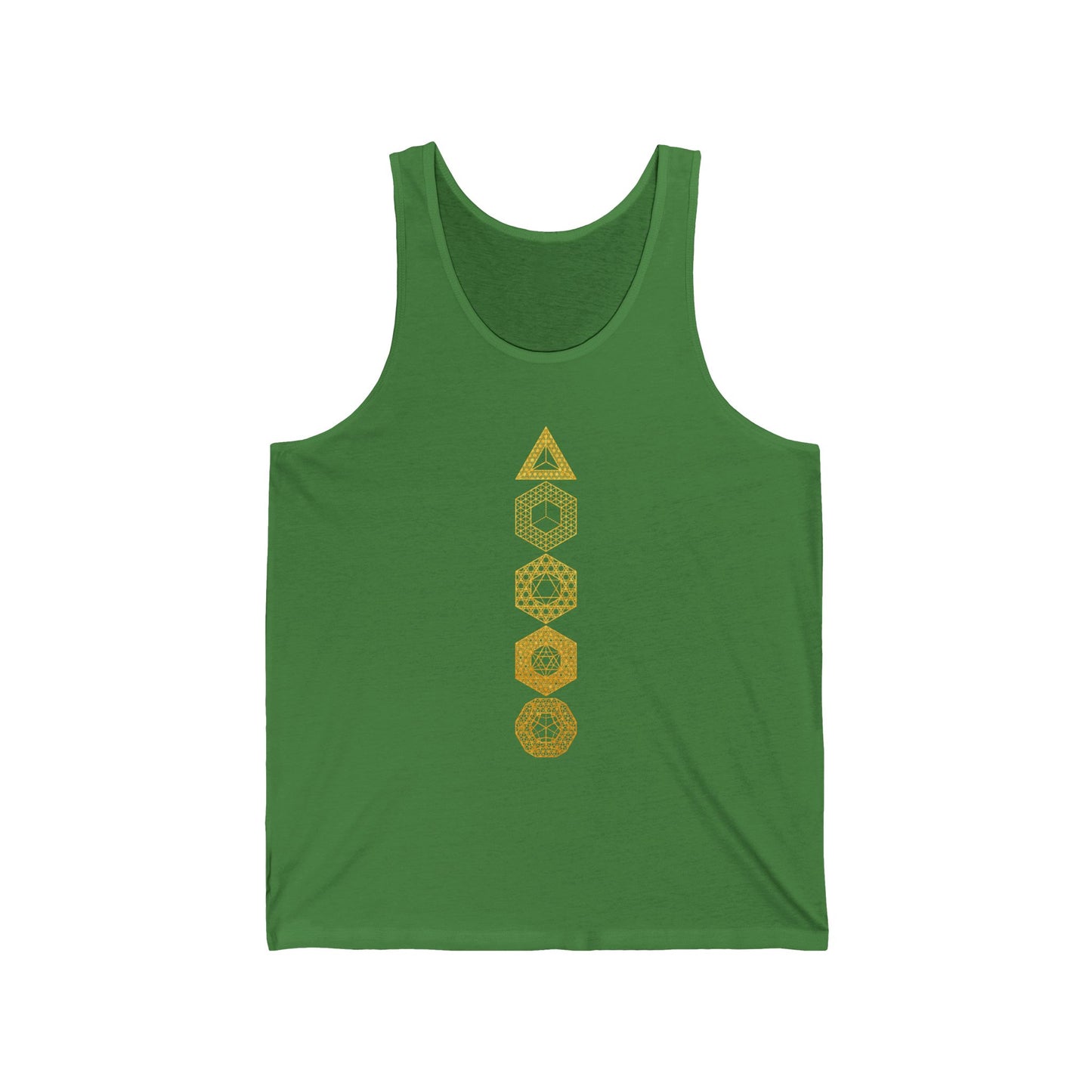 Platonic Solids | Sacred Geometry Patterns | Unique Gold Artwork | Metaphysical Clothing | Intricate Detail | Geometric Unisex Jersey Tank