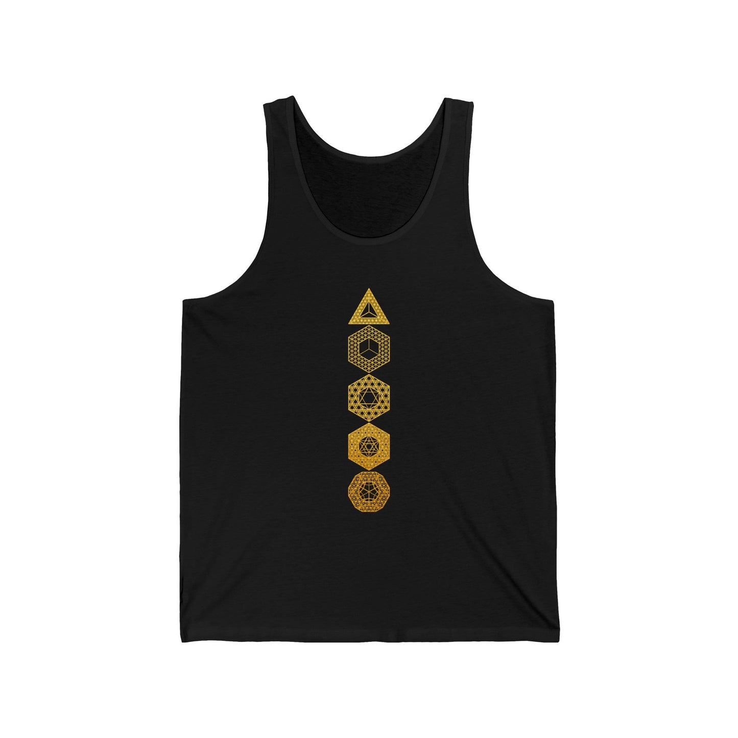 Platonic Solids | Sacred Geometry Patterns | Unique Gold Artwork | Metaphysical Clothing | Intricate Detail | Geometric Unisex Jersey Tank