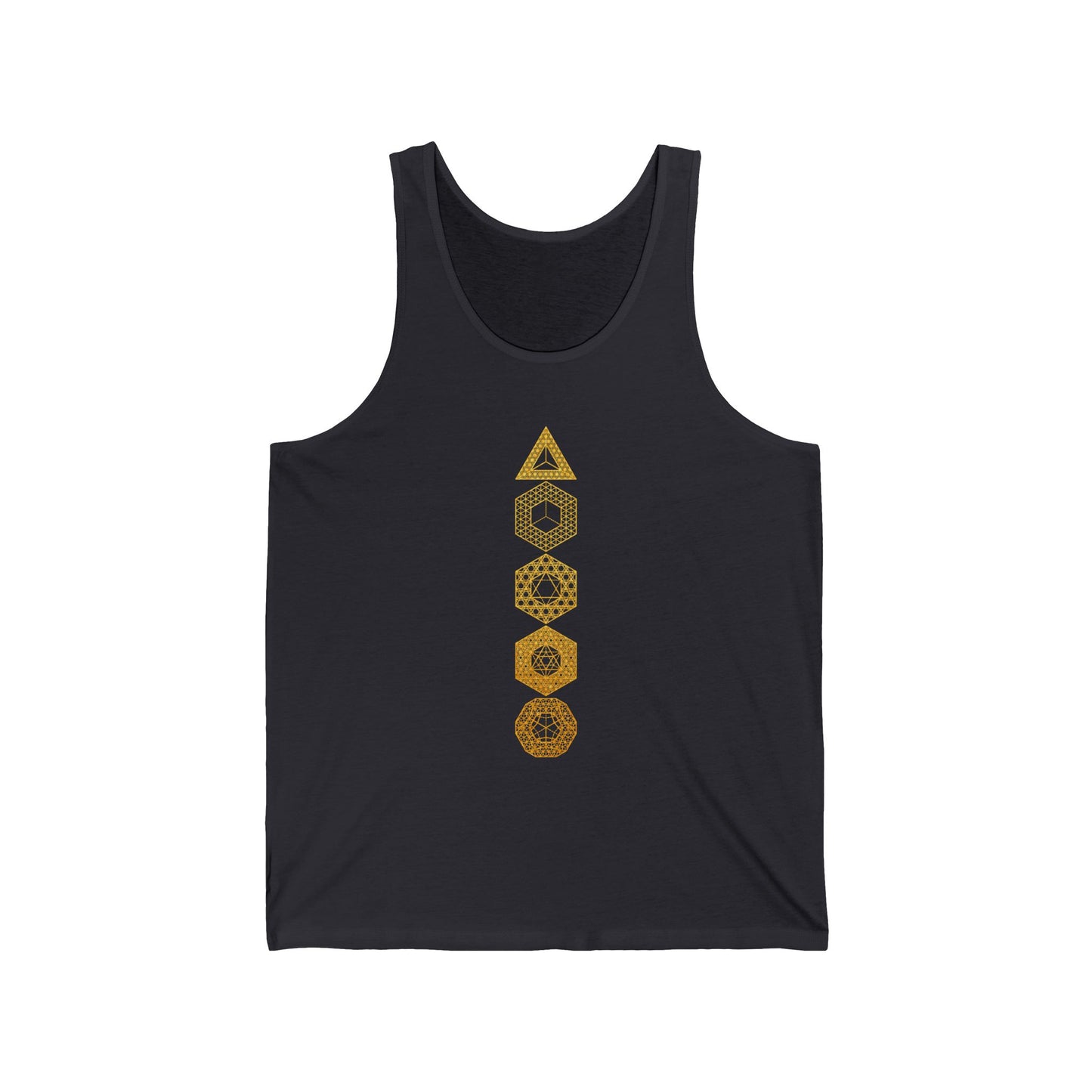 Platonic Solids | Sacred Geometry Patterns | Unique Gold Artwork | Metaphysical Clothing | Intricate Detail | Geometric Unisex Jersey Tank