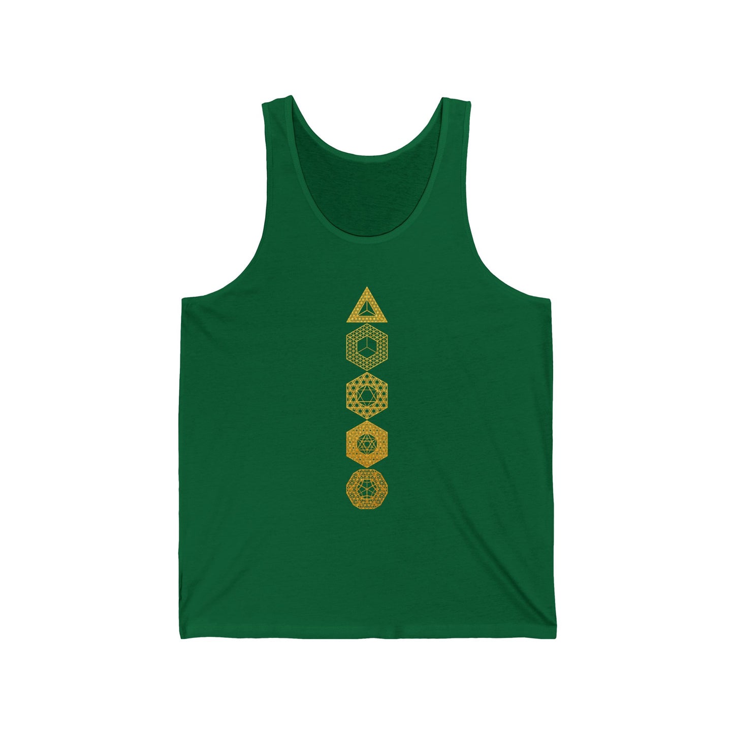 Platonic Solids | Sacred Geometry Patterns | Unique Gold Artwork | Metaphysical Clothing | Intricate Detail | Geometric Unisex Jersey Tank