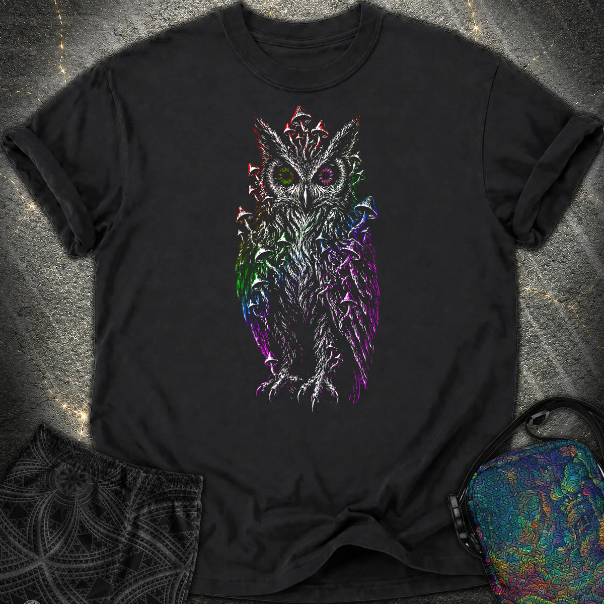 Trippy Mushroom Owl Comfort T-Shirt - Trippy Mushroom Owl Comfort T-Shirt - Black