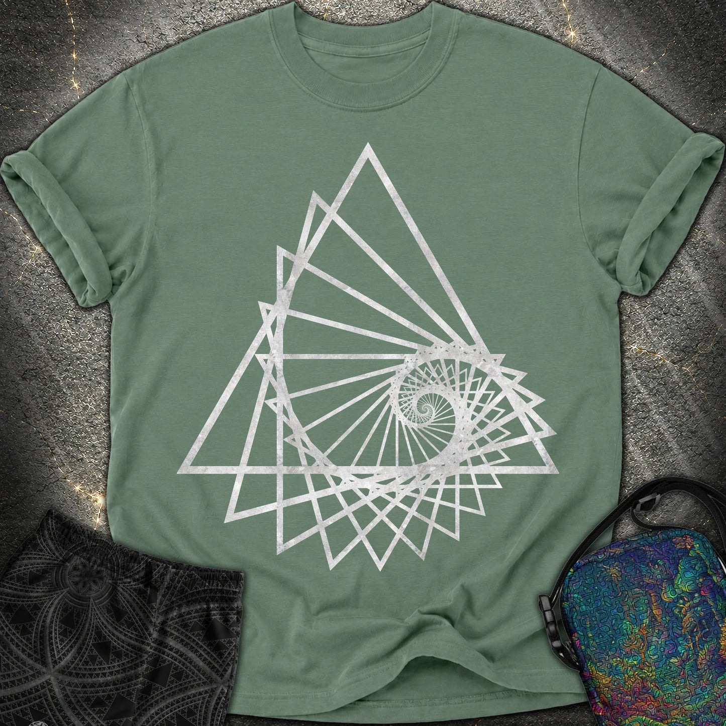 Spiralling Triangle Geometric T-Shirt - Spiralling Triangle Geometric Comfort T-Shirt - Blue Spruce