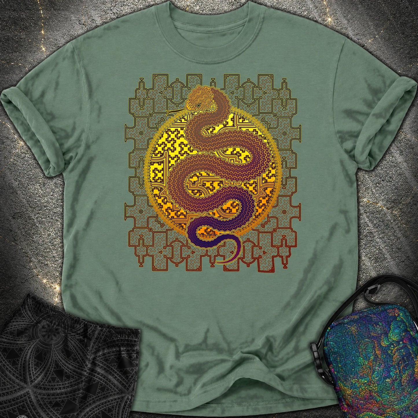 Shipibo Cosmic Snake Comfort T-Shirt - Shipibo Cosmic Snake Comfort T-Shirt - Blue Spruce