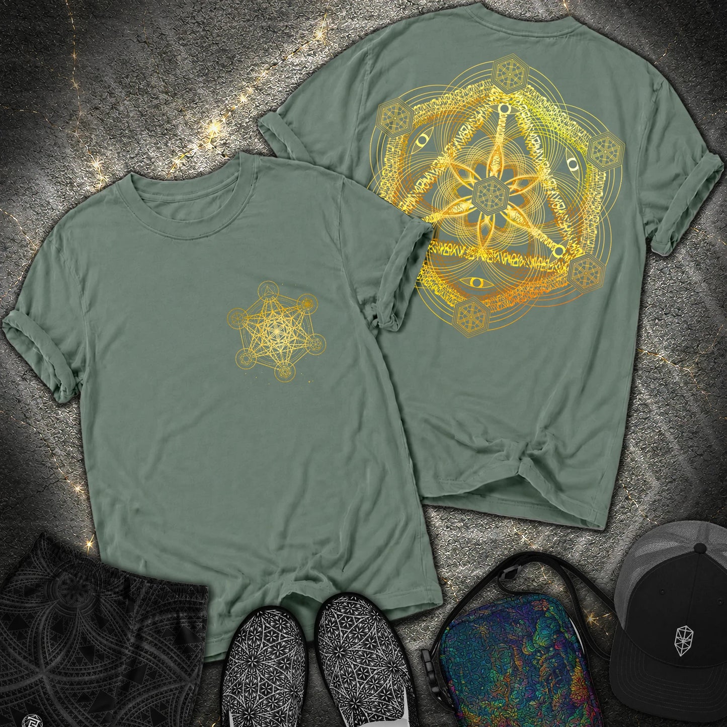 Interdimensional Tesseract Metatron 2 Sided T-Shirt - Interdimensional Tesseract Metatron 2 Sided Comfort T-Shirt - Blue Spruce