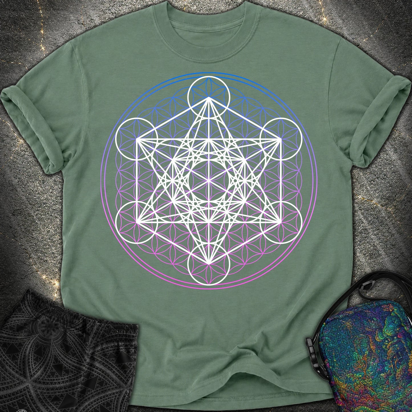 White Metatron Gradient Flower T-Shirt - White Metatron Gradient Flower Comfort T-Shirt - Blue Spruce
