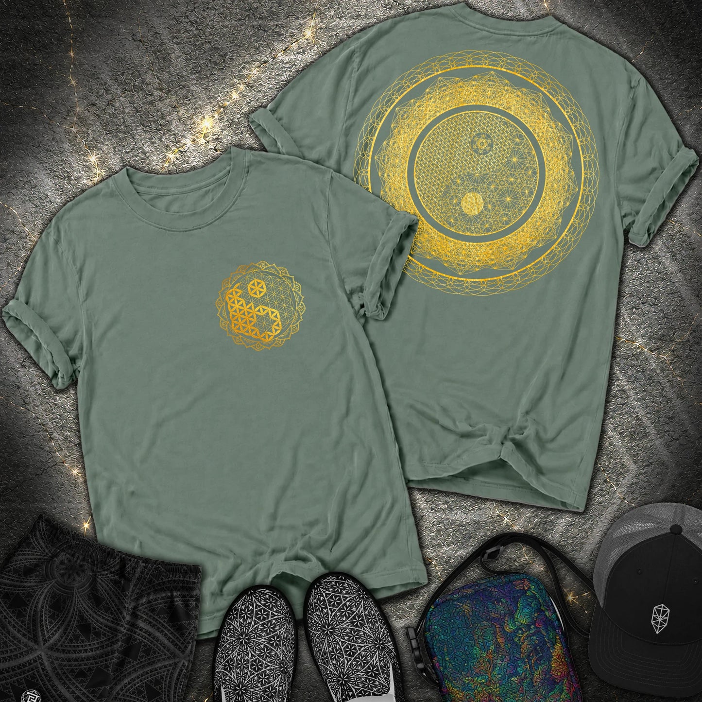 Yin Yang Sacred Geometry 2 Sided T-Shirt - Yin Yang Sacred Geometry 2 Sided Comfort T-Shirt - Blue Spruce