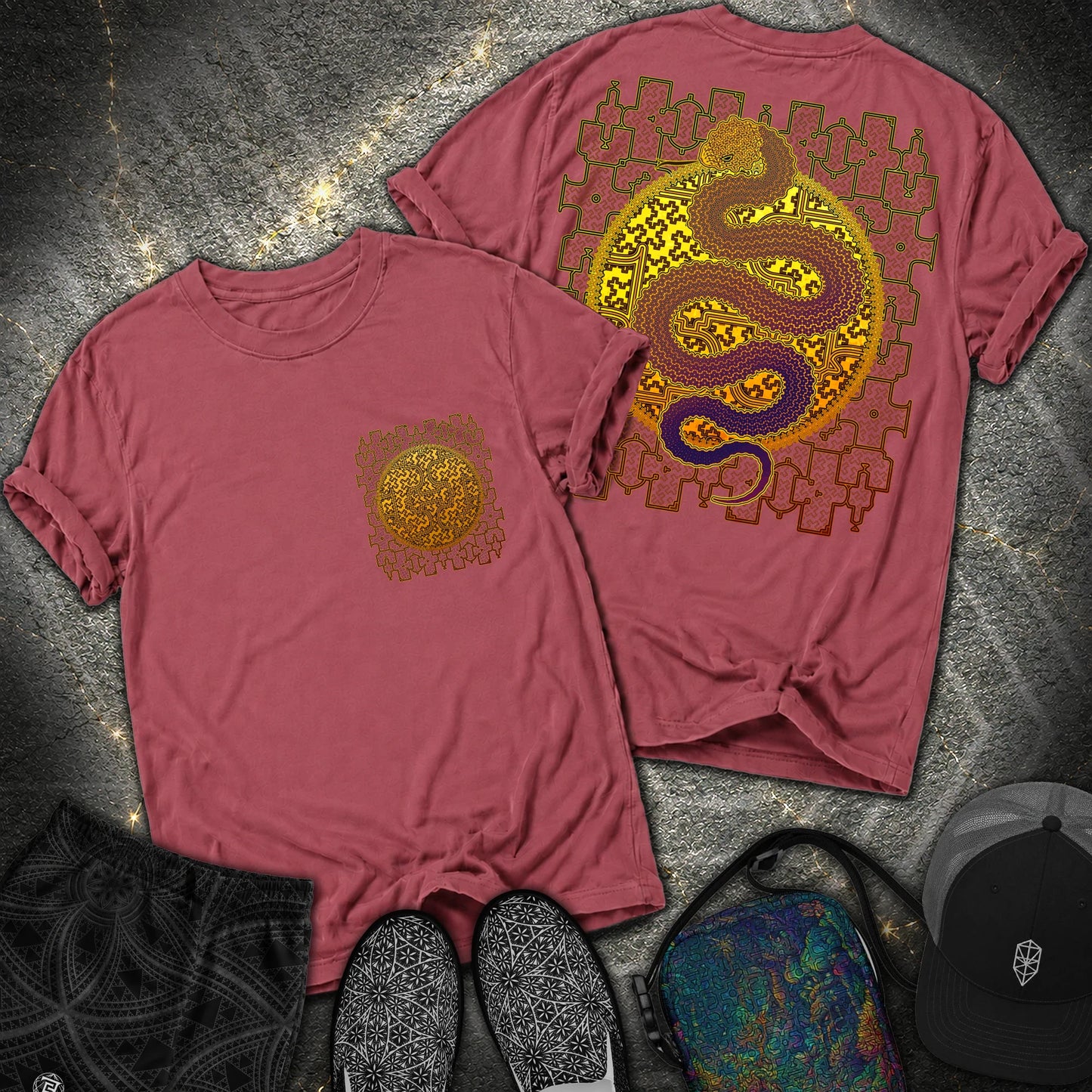 Shipibo Kene Cosmic Snake Comfort 2 Sided T-shirt - Shipibo Kene Cosmic Snake Comfort 2 Sided T-shirt - Brick