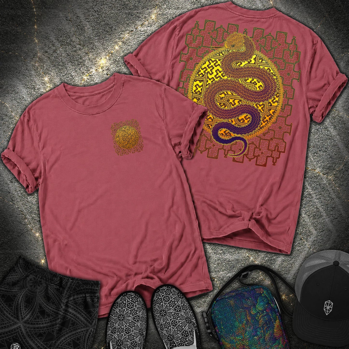 Shipibo Kene Cosmic Snake Comfort 2 Sided T-shirt - Shipibo Kene Cosmic Snake Comfort 2 Sided T-shirt - Brick