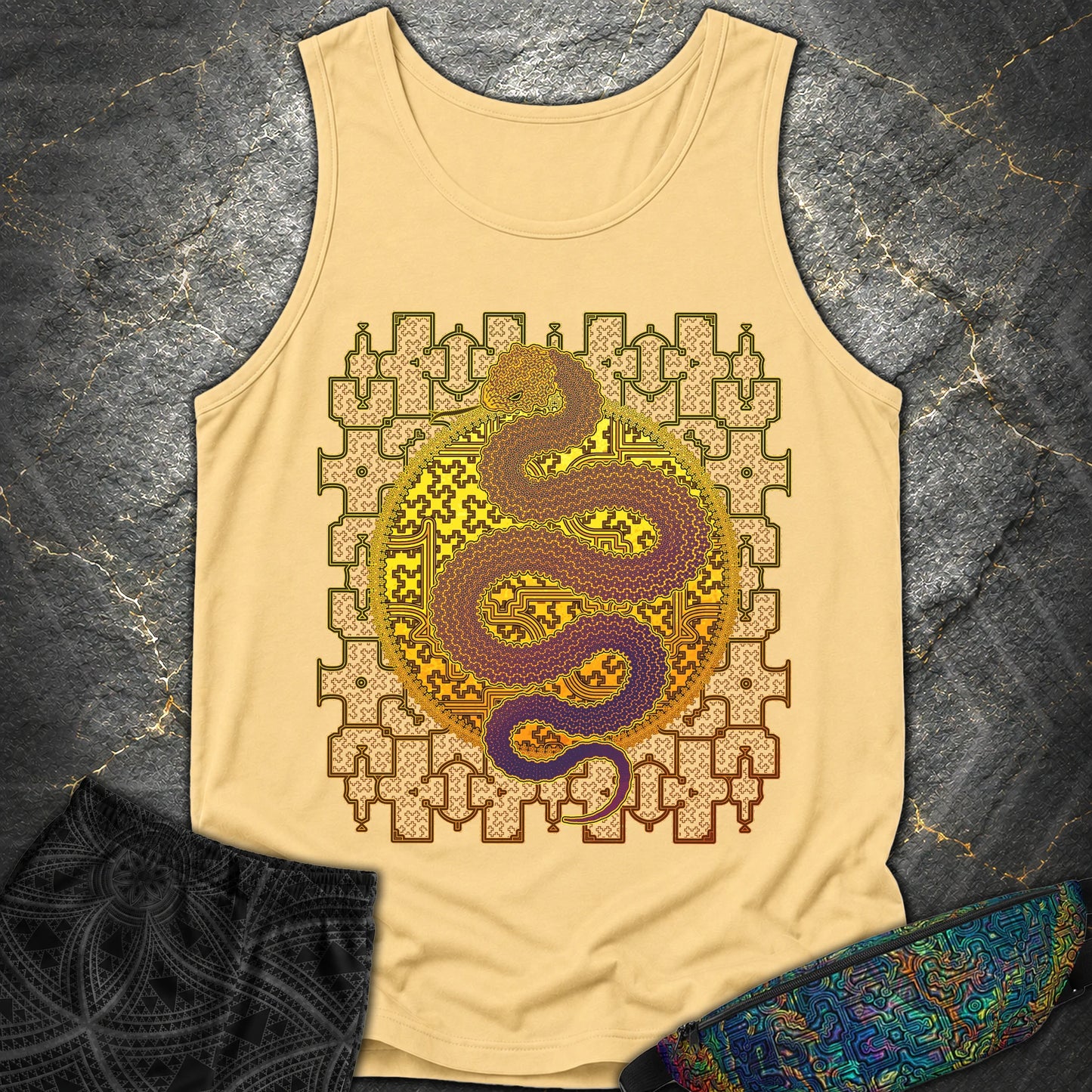 Shipibo Kene Cosmic Snake - Shipibo Kene Cosmic Snake Tank Top - Butter