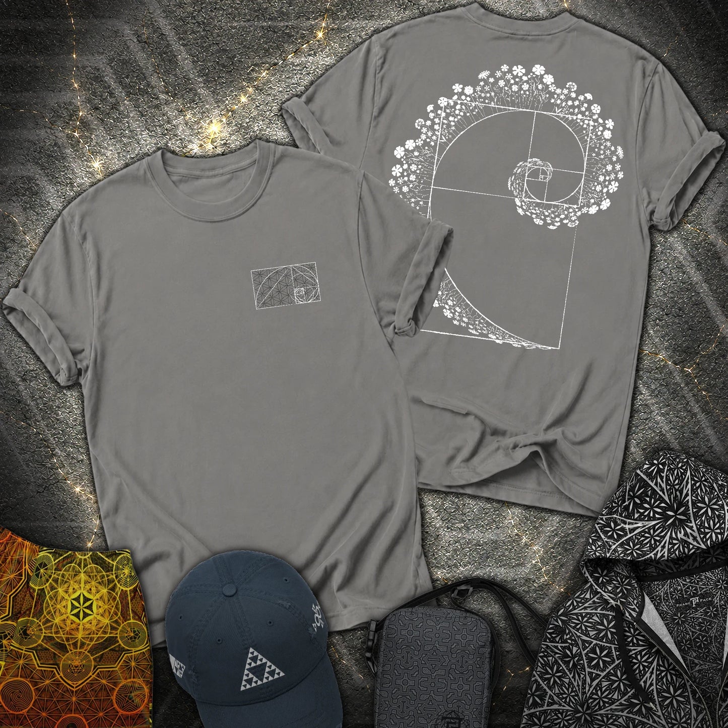 Floral Golden Ratio Spiral 2 Sided T-Shirt - Floral Golden Ratio Spiral 2 Sided T-Shirt - Charcoal