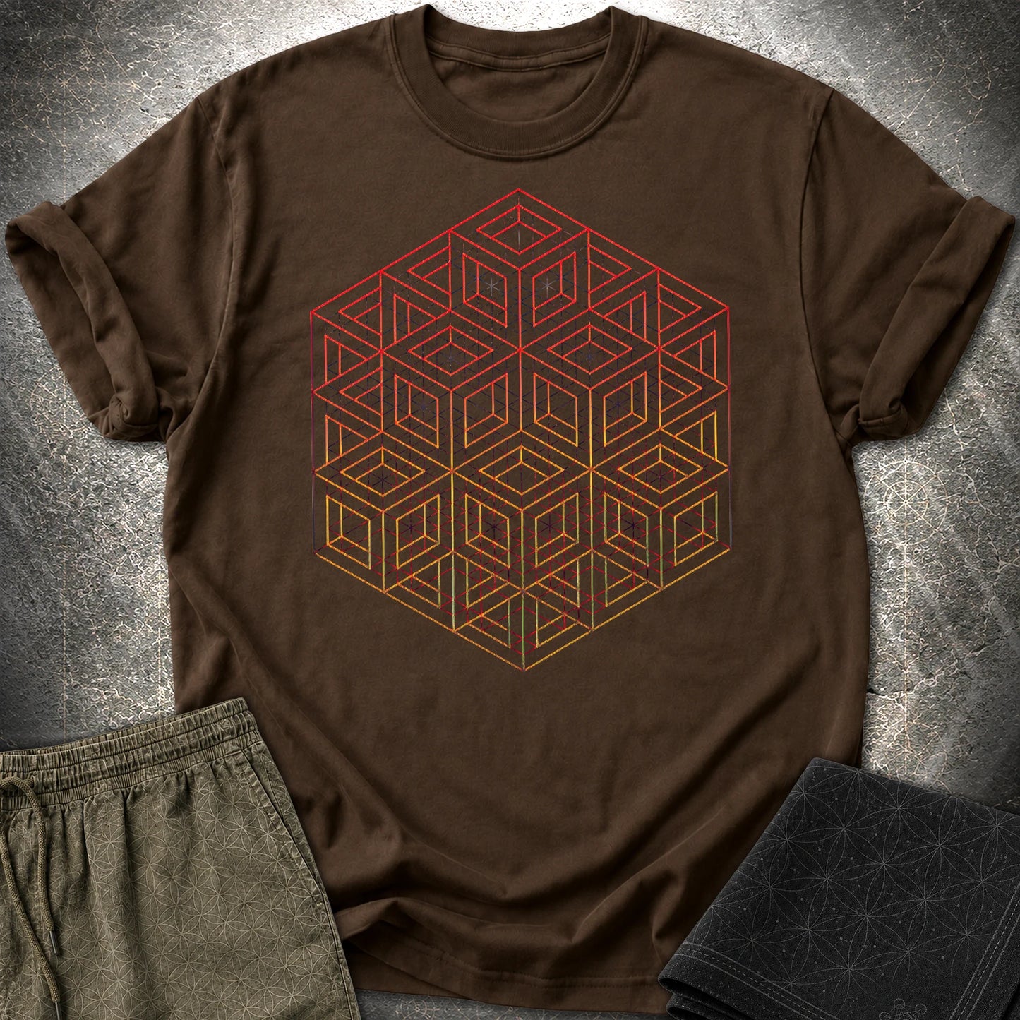 3D Wireframe Cube T-Shirt - 3D Wireframe Cube T-Shirt - Dark Chocolate