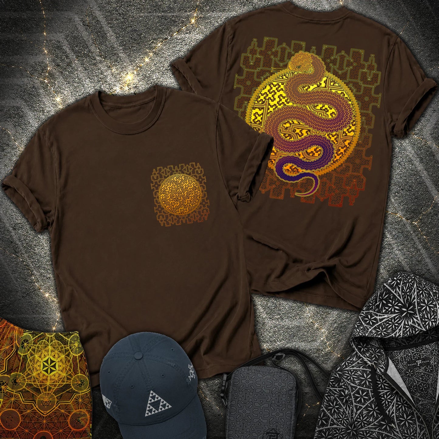 Shipibo Kene Cosmic Snake Comfort 2 Sided T-shirt - Shipibo Kene Cosmic Snake 2 Sided T-Shirt - Dark Chocolate