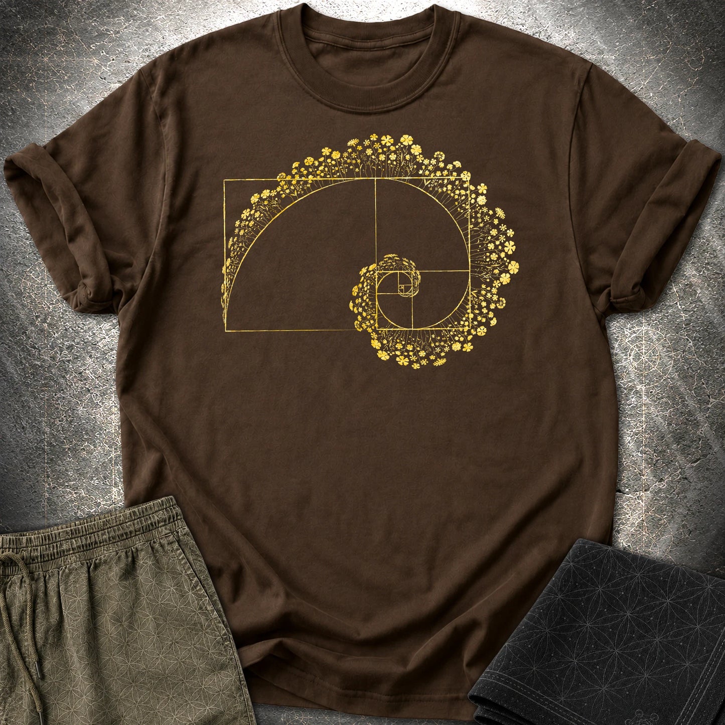 Golden Ratio Flower Spiral T-Shirt, Fibonacci Sacred Geometry Shirt, Botanical Math Graphic Tee - Golden Ratio Flower Spiral T-Shirt, Fibonacci Sacred Geometry Shirt, Botanical Math Graphic Tee - Dark Chocolate