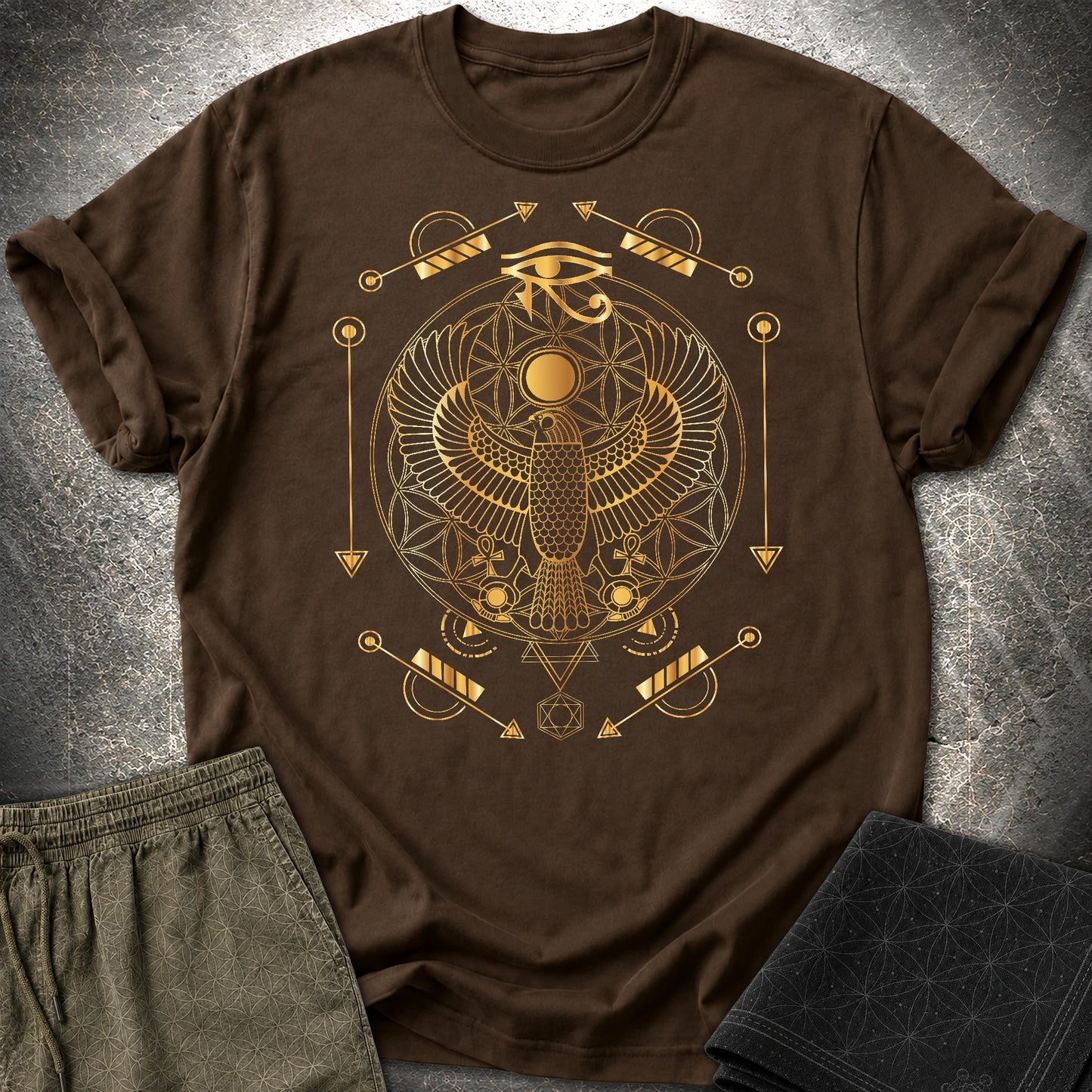 Falcon Flower Of Life Egypt T-Shirt - Falcon Flower Of Life Egypt T-Shirt - Dark Chocolate