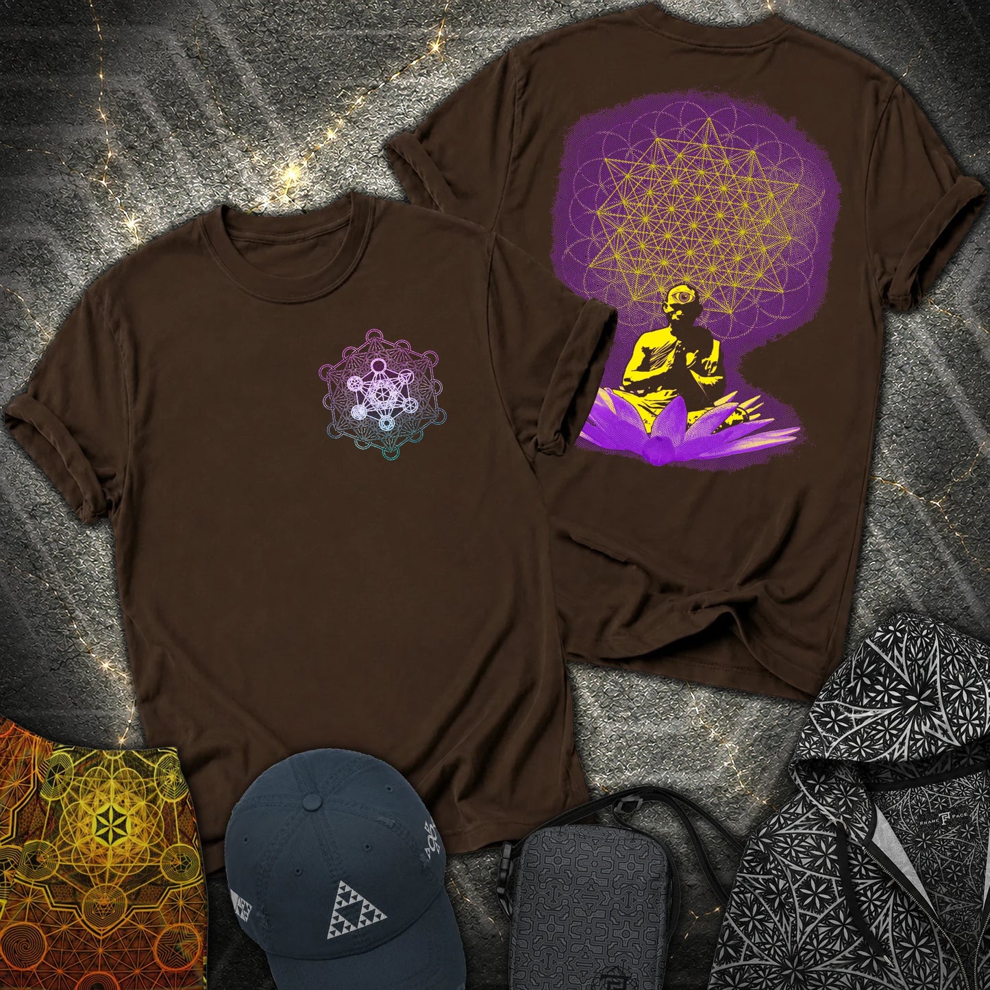 Meditating Monk Tetrahedron Metatron 2 Sided T-Shirt - Meditating Monk Tetrahedron Metatron 2 Sided T-Shirt - Dark Chocolate