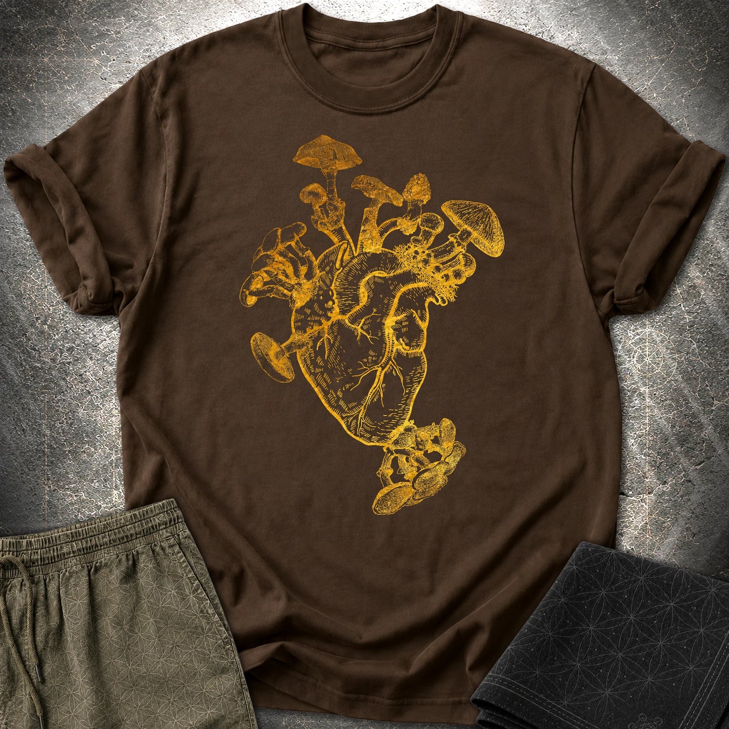 Mushroom Heart Gold T-Shirt - Mushroom Heart Gold T-Shirt - Dark Chocolate