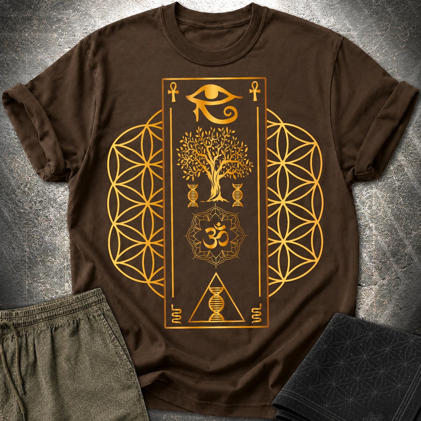 Flower Of Life Horus Egypt T-Shirt - Flower Of Life Horus Egypt T-Shirt - Dark Chocolate