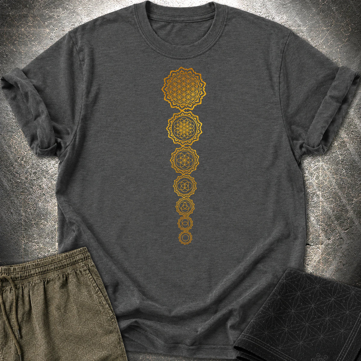 Gold Flower Of lIfe Chakras T-Shirt - Gold Flower Of lIfe Chakras T-Shirt - Dark Heather Grey