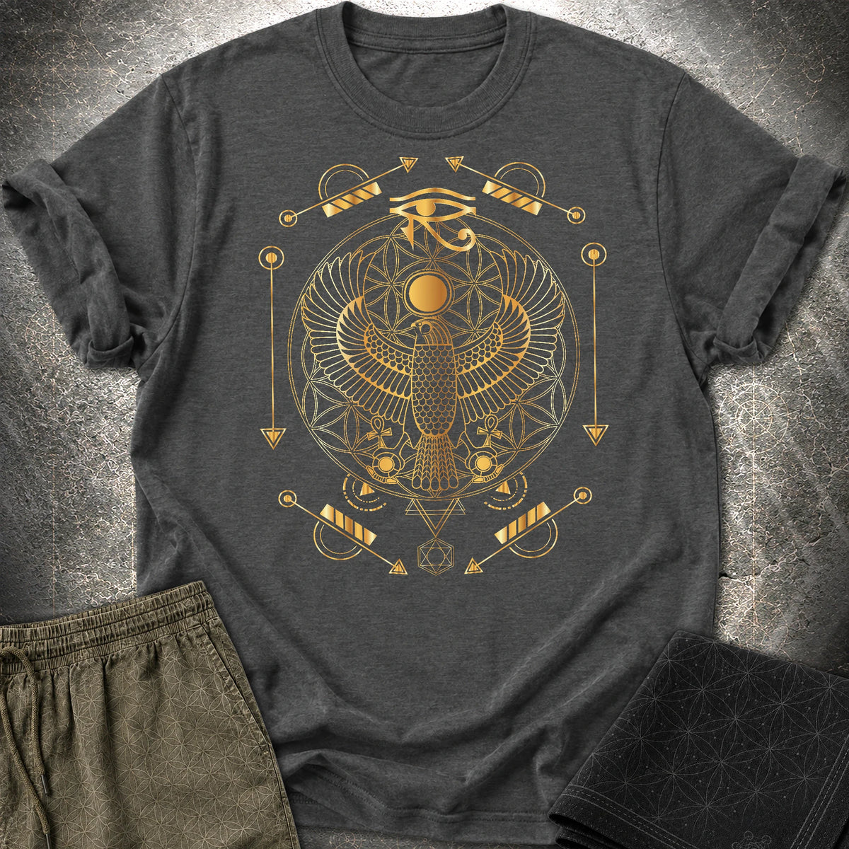 Falcon Flower Of Life Egypt T-Shirt - Falcon Flower Of Life Egypt T-Shirt - Dark Heather Grey