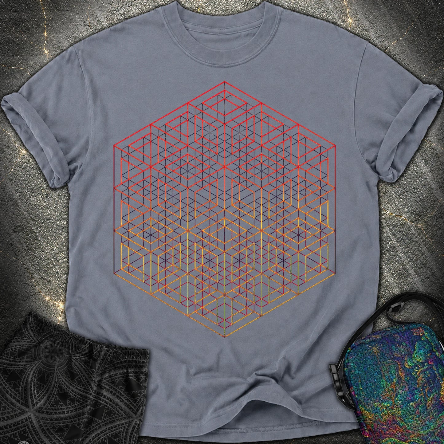 3D Wireframe Cube T-Shirt - 3D Wireframe Cube Comfort T-Shirt - Denim