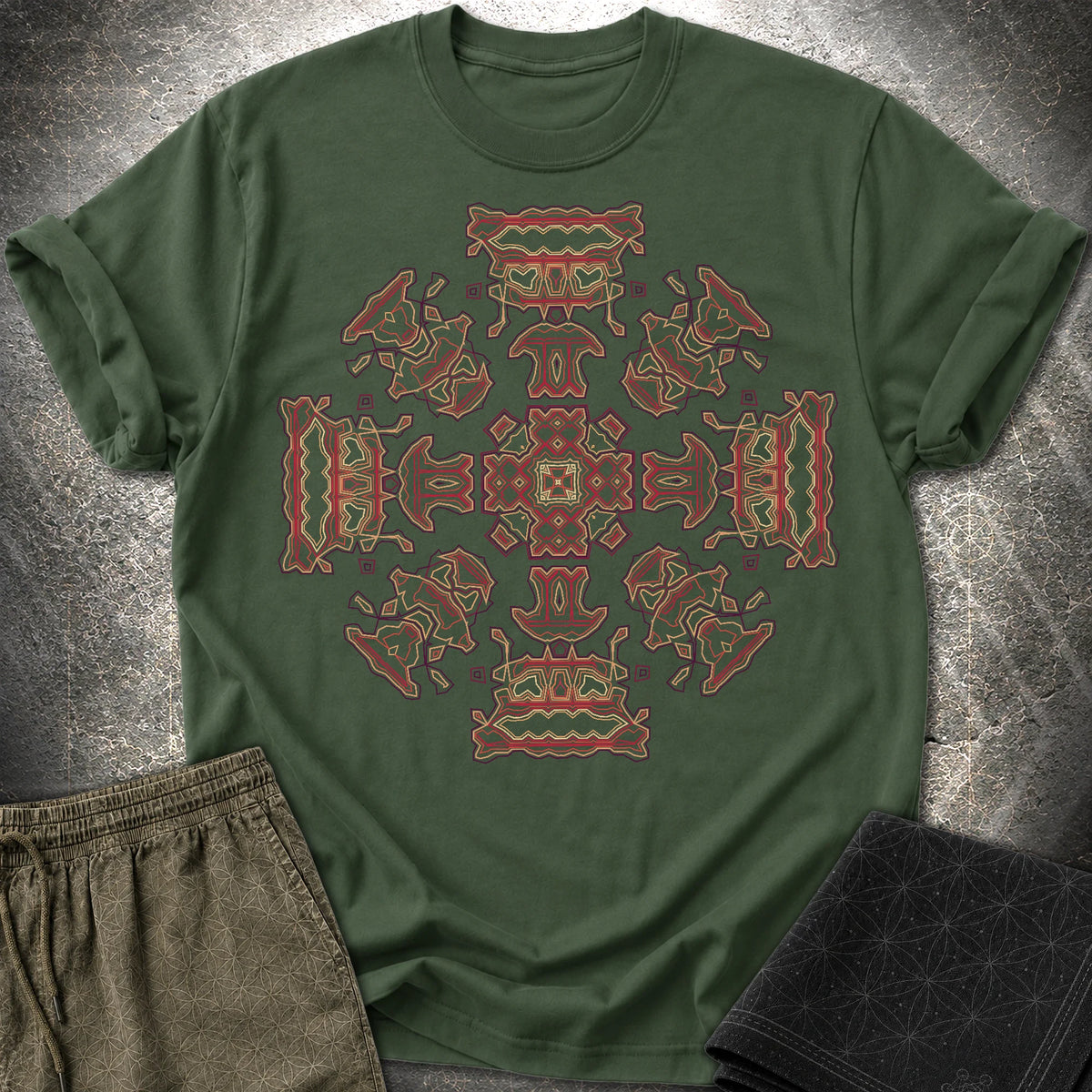 Shamanic Faces Geometric T-Shirt - Shamanic Faces Geometric T-Shirt - Forest Green