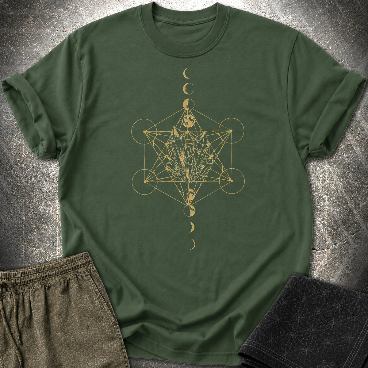 Metatron Crystal Moon Phases - Metatron Crystal Moon Phases T-Shirt - Forest Green