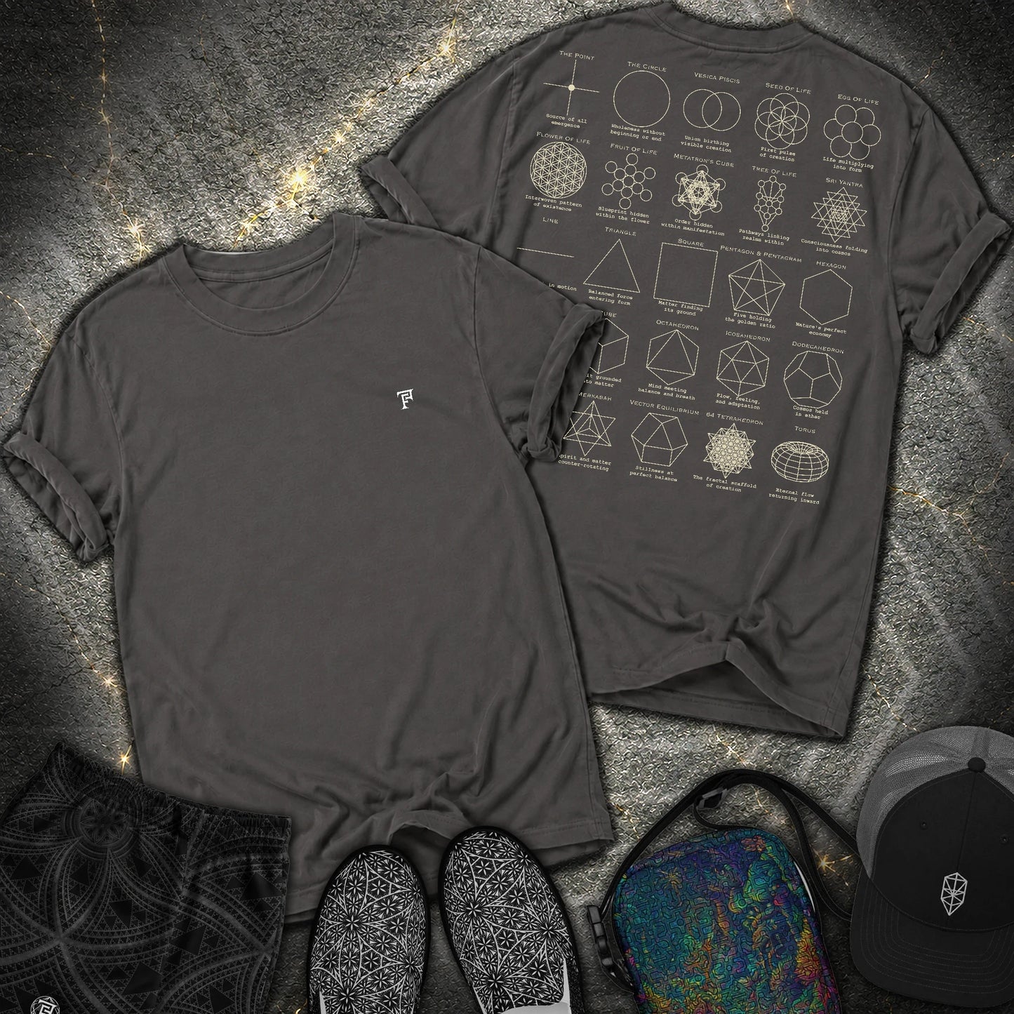 Sacred Geometry Figures Back Print 2 Sided Comfort T-Shirt - Sacred Geometry Figures Back Print 2 Sided Comfort T-Shirt - Graphite