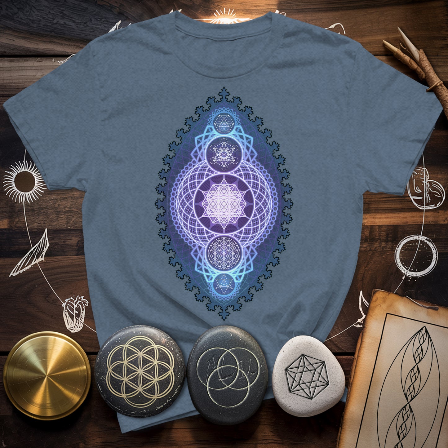 Blue Fractal Sacred Geometry Fusion T-Shirt