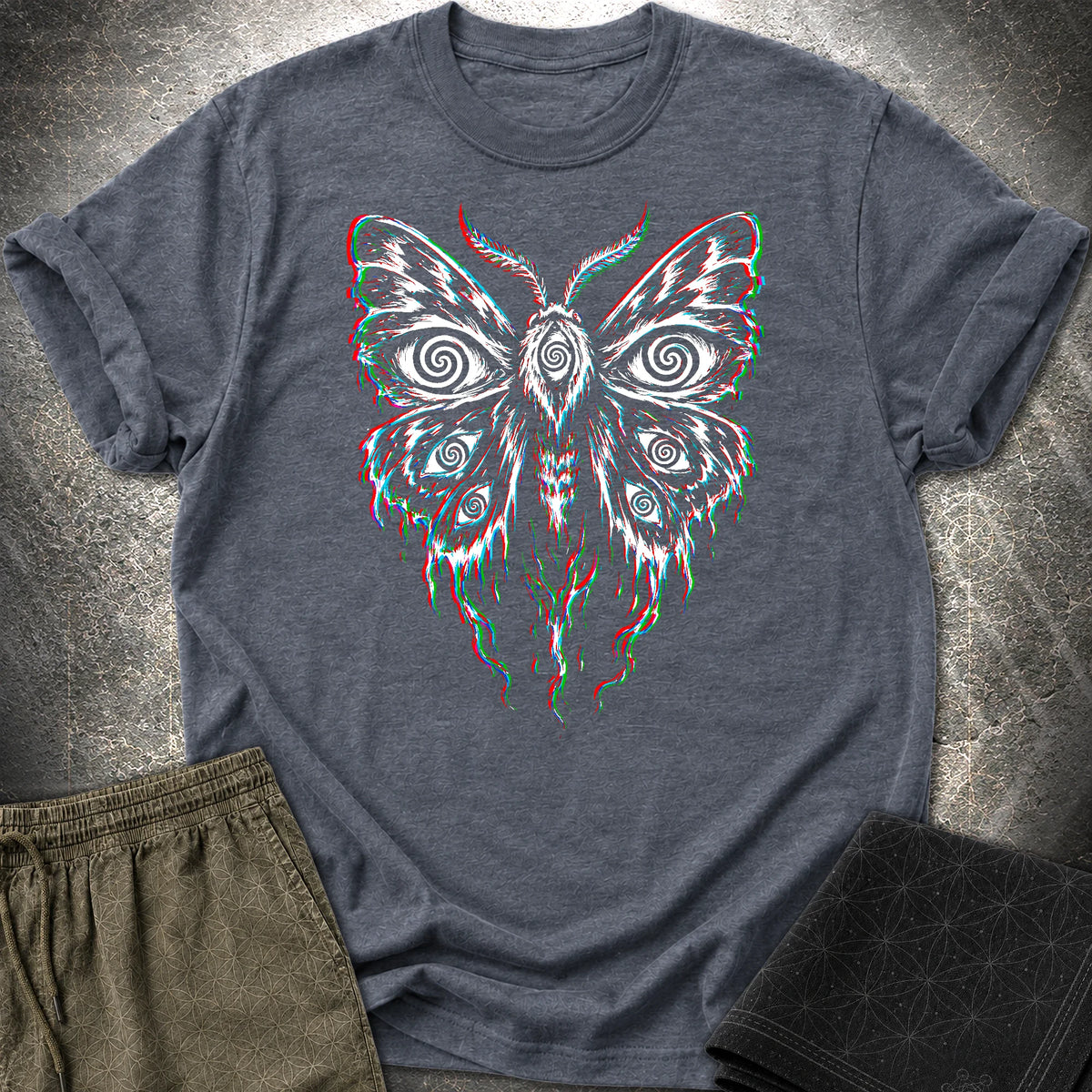 Hypnotic Eye Moth T-Shirt, Psychedelic Glitch Moth Shirt, Surreal Occult Graphic Tee - Hypnotic Eye Moth T-Shirt, Psychedelic Glitch Moth Shirt, Surreal Occult Graphic Tee - Heather Navy