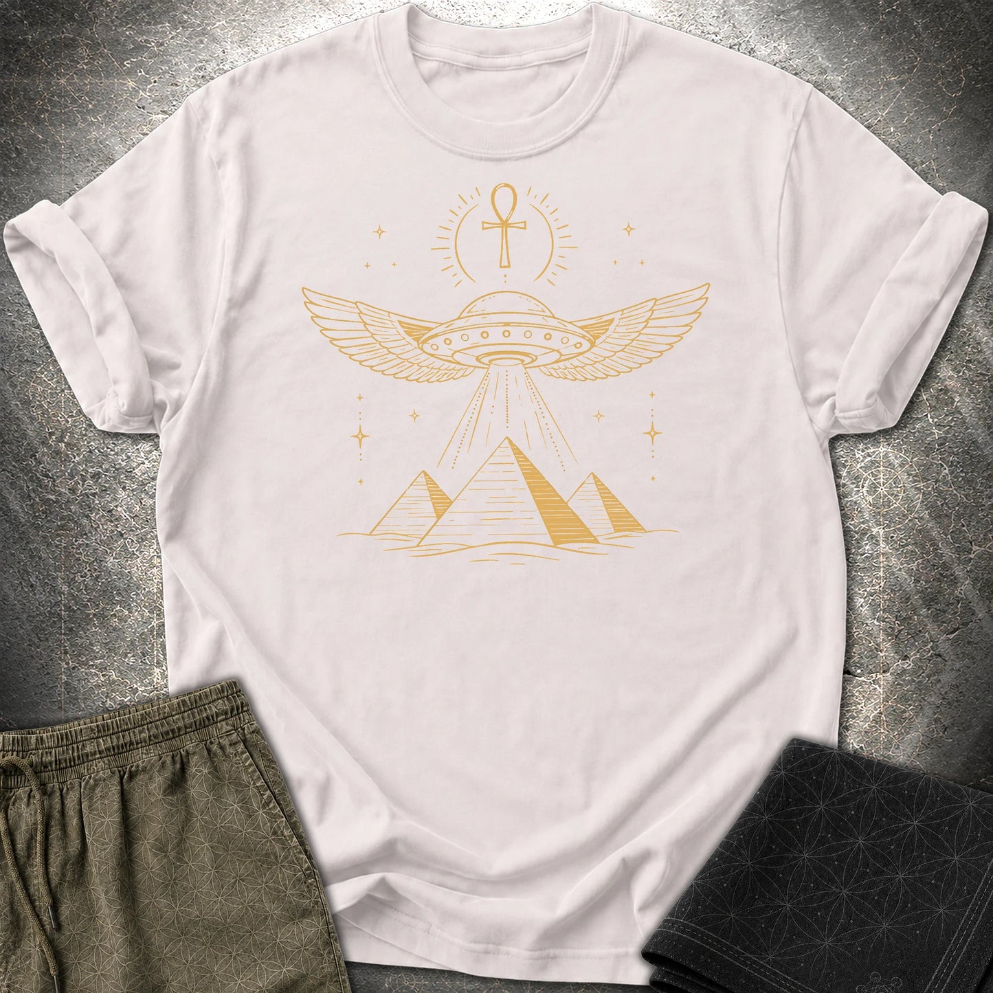 Winged Starship Over the Pyramids - Winged Starship Over the Pyramids T-Shirt - Ice Grey