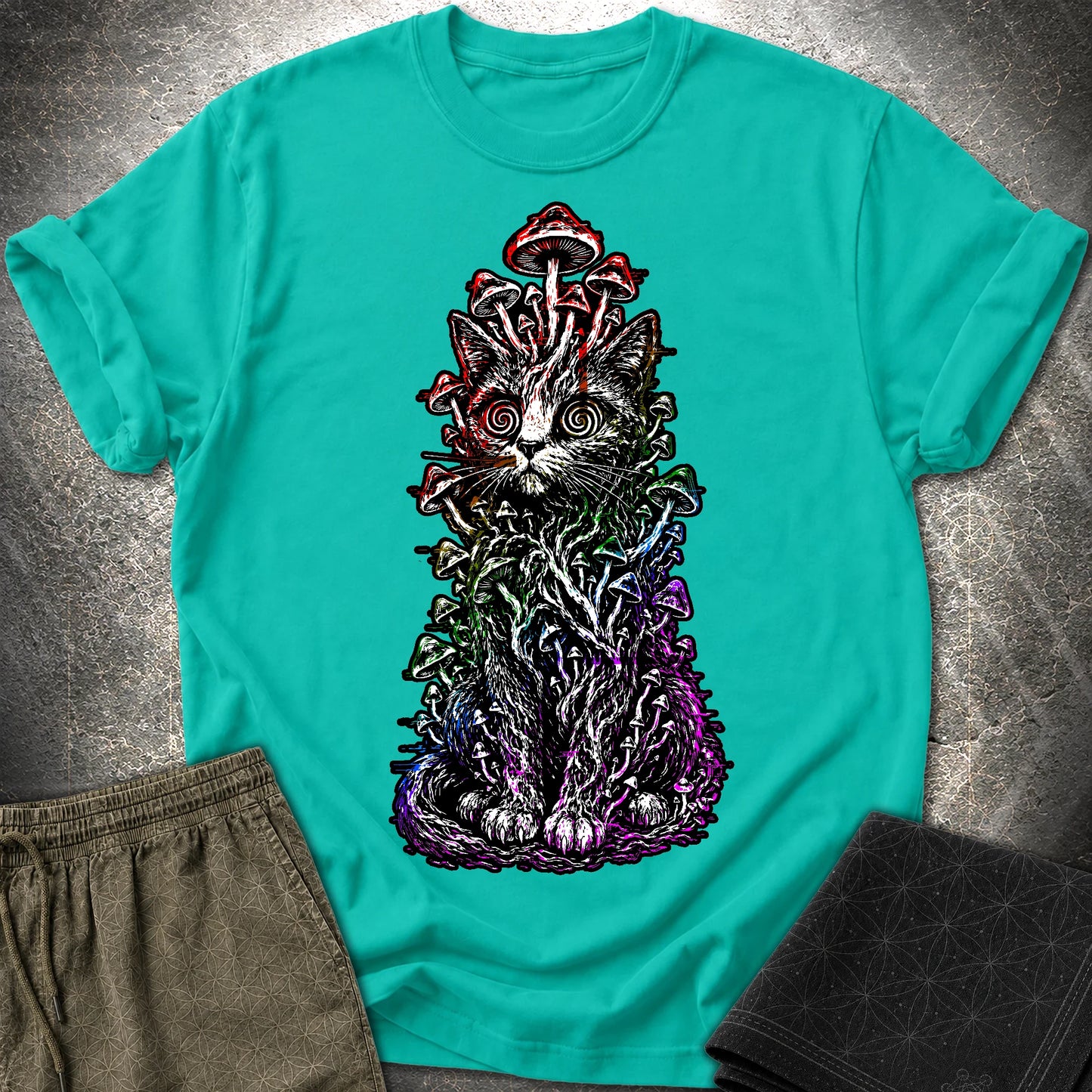 Trippy Mushroom Cat T-Shirt - Trippy Mushroom Cat T-Shirt - Jade Dome