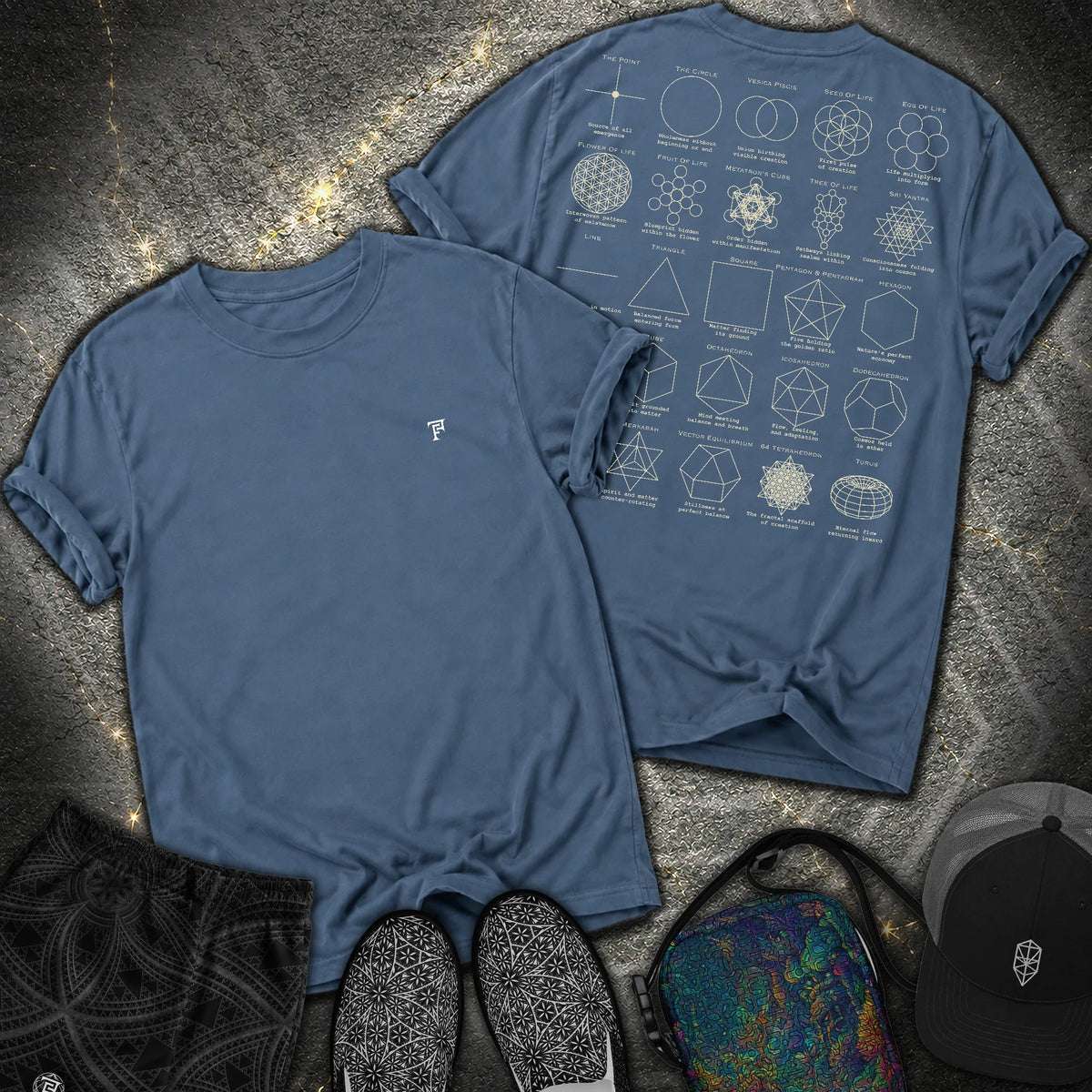 Sacred Geometry Figures Back Print 2 Sided Comfort T-Shirt - Sacred Geometry Figures Back Print 2 Sided Comfort T-Shirt - Midnight