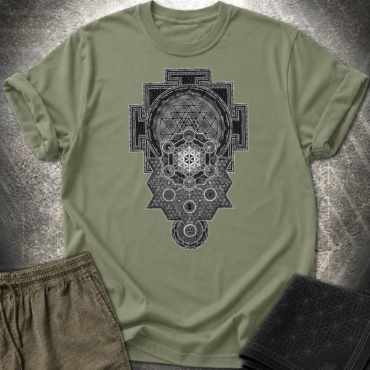Sri Yantra Intricate Sacred Patterns T-Shirt - Sri Yantra Intricate Sacred Patterns T-Shirt - Military Green