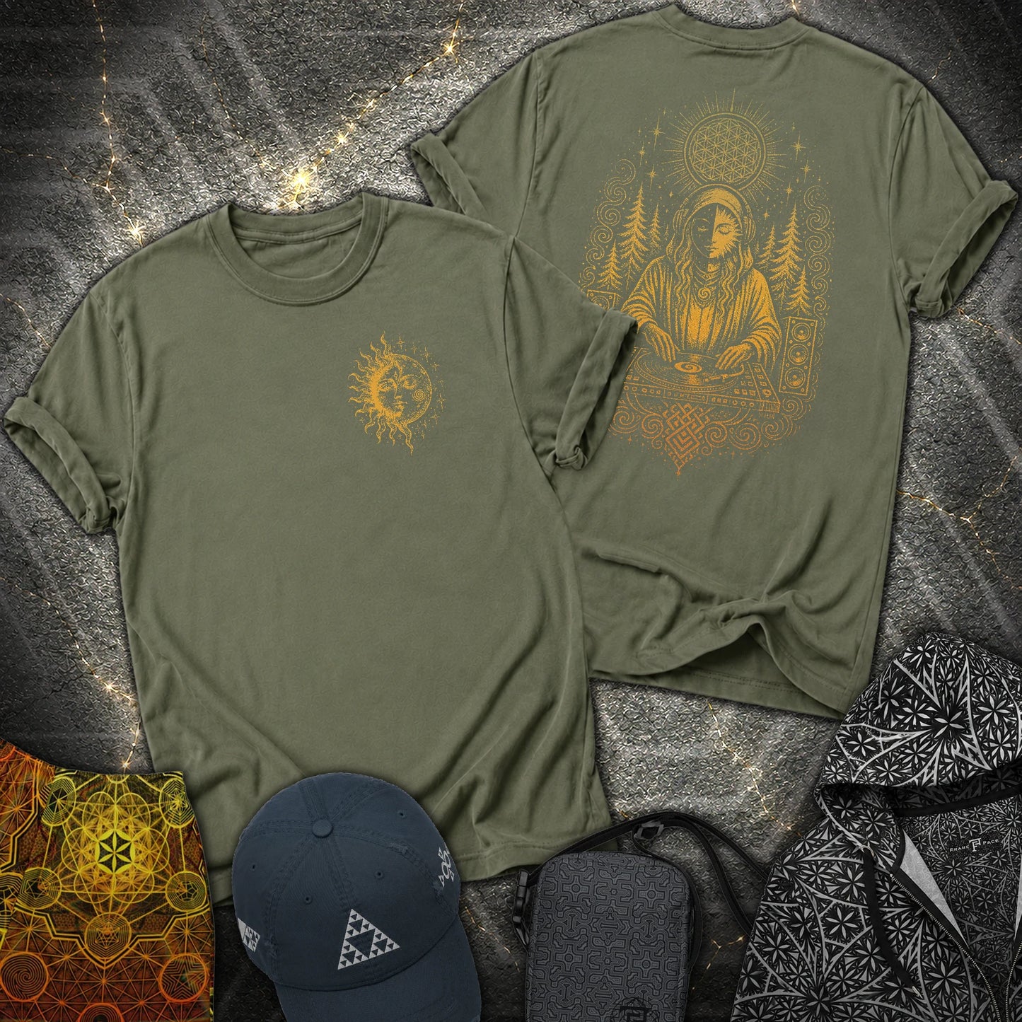 Celestial Sun Moon Mystic DJ Shirt 2 Sided T-Shirt - Celestial Sun Moon Mystic DJ Shirt 2 Sided T-Shirt - Military Green