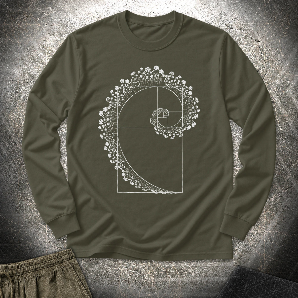 Floral Golden Ratio Spiral - Floral Golden Ratio Spiral Long Sleeve Shirt - Military Green