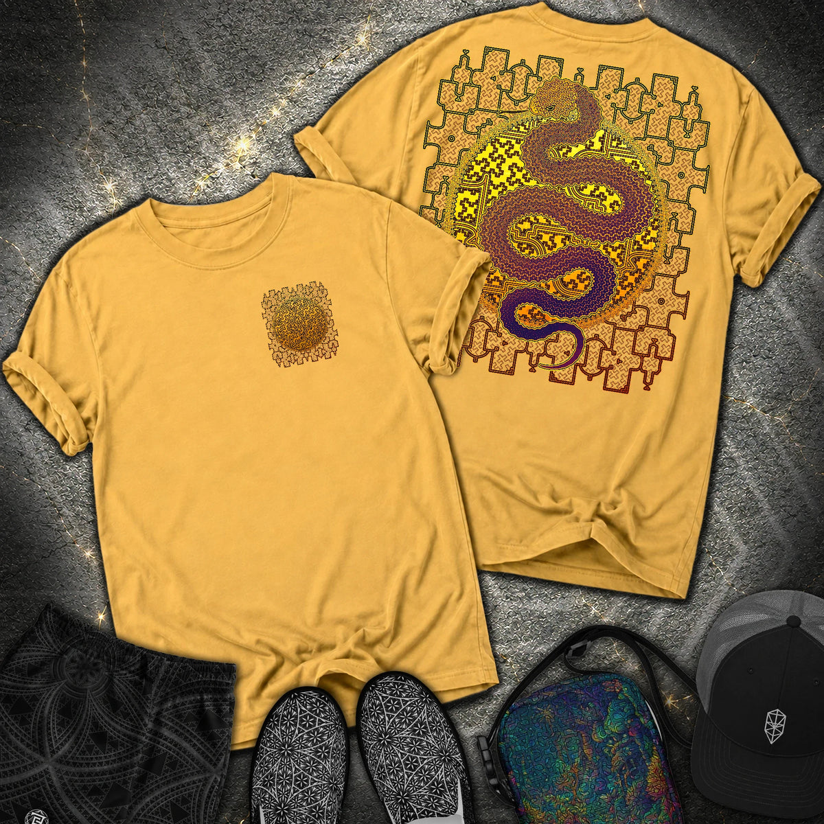 Shipibo Kene Cosmic Snake Comfort 2 Sided T-shirt - Shipibo Kene Cosmic Snake Comfort 2 Sided T-shirt - Mustard