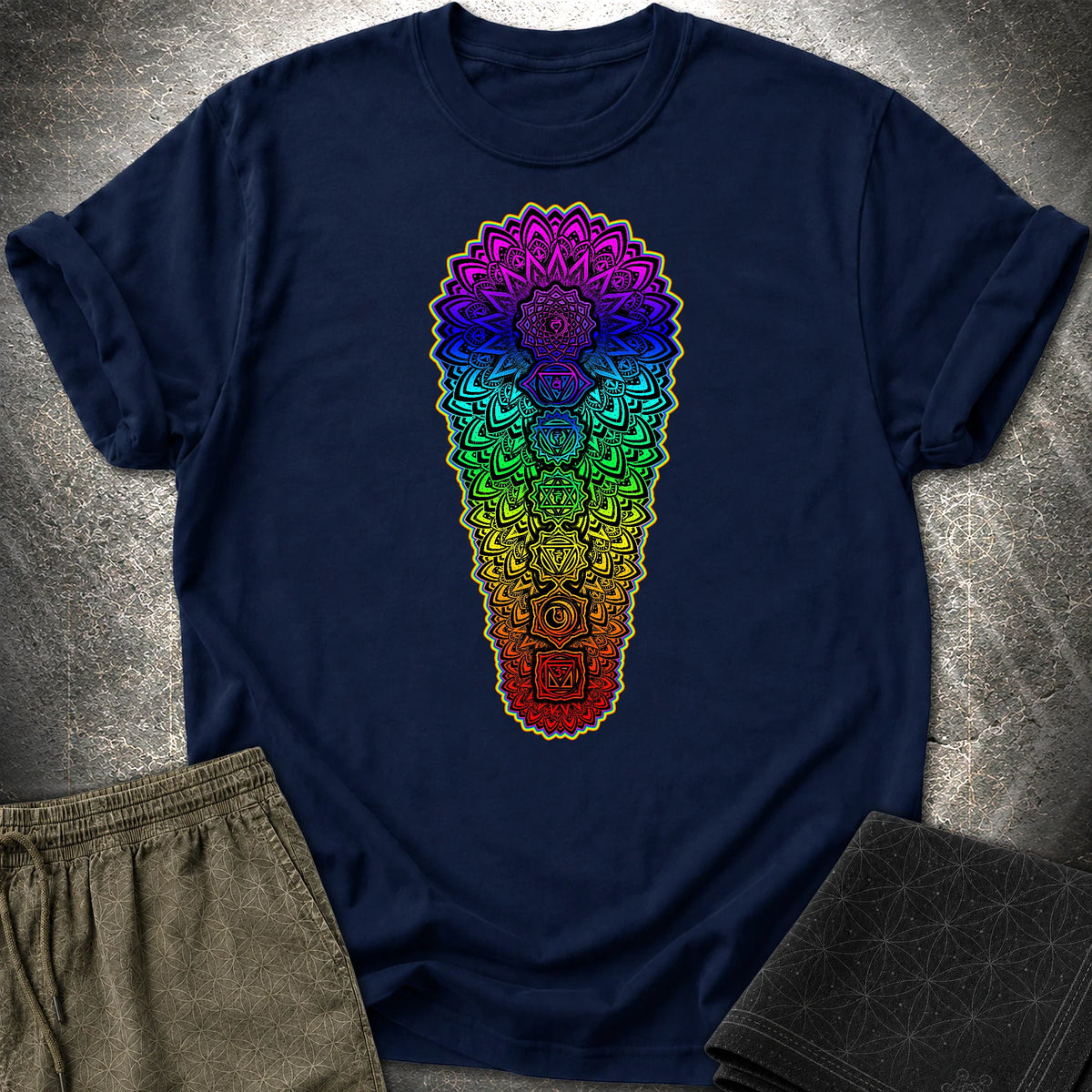 Chakra Spectrum Grounding Grid T-Shirt - Chakra Spectrum Grounding Grid T-Shirt - Navy
