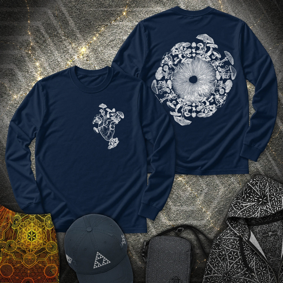 Mushroom Heart Mushroom Iris 2 Sided - Mushroom Heart Mushroom Iris 2 Sided Long Sleeve Shirt - Navy