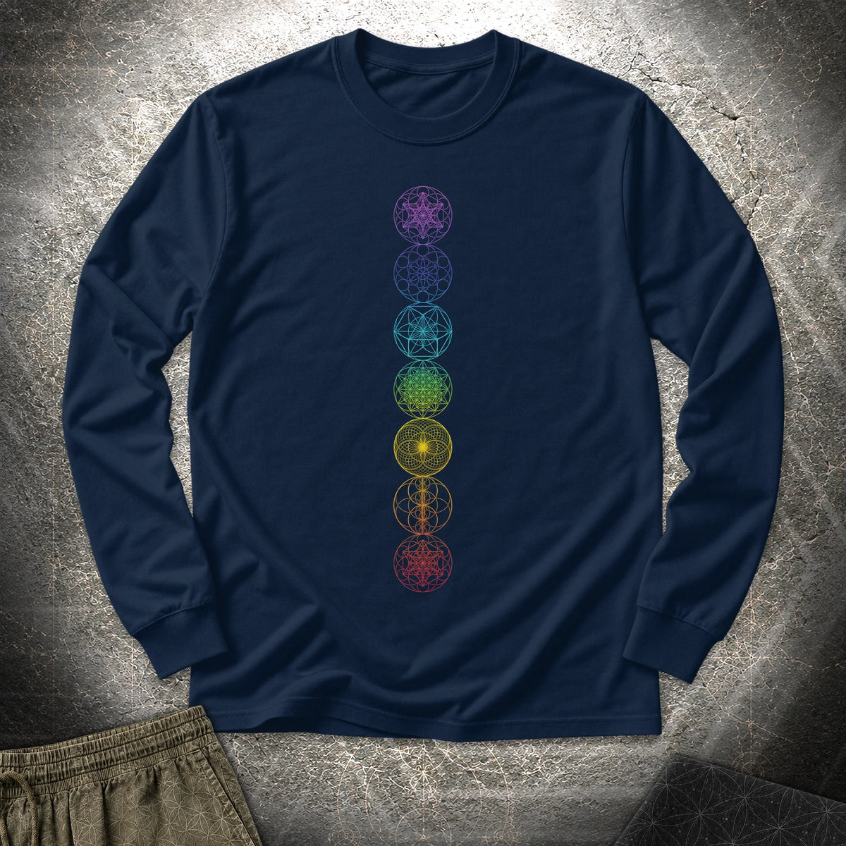 7 Sacred Geometry Chakras - 7 Sacred Geometry Chakras Long Sleeve Shirt - Navy