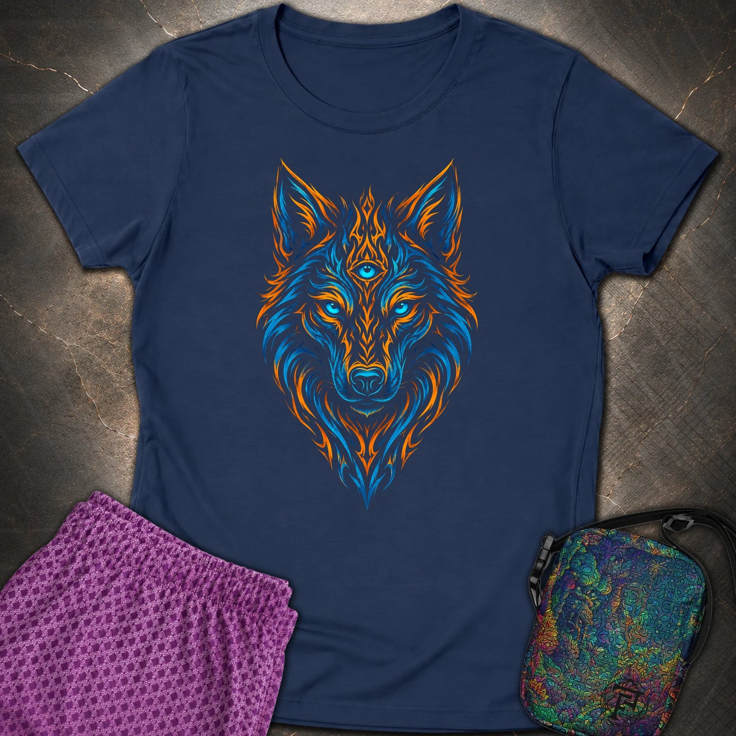 Mystic Tribal Wolf Womens T-Shirt - Mystic Tribal Wolf Womens T-Shirt - Navy