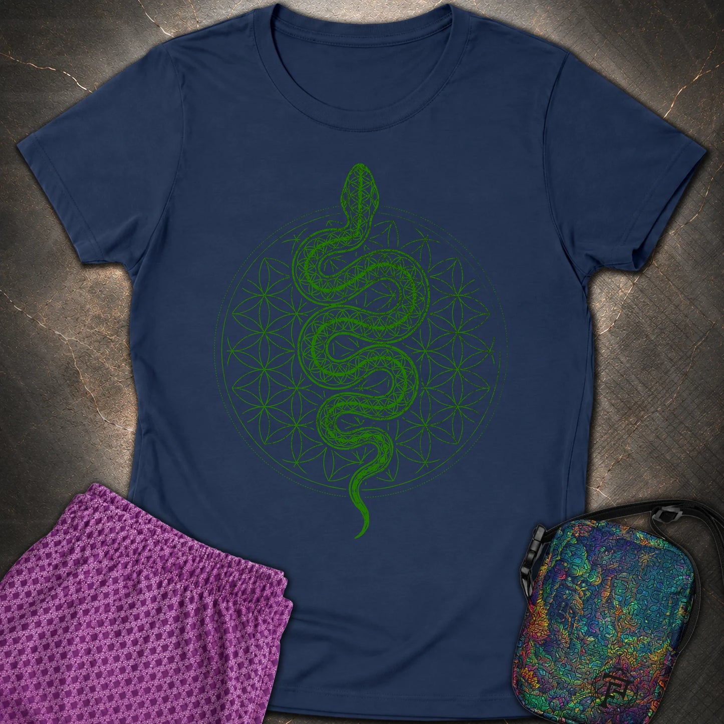 Flower of Life Serpent Womens T-Shirt - Flower of Life Serpent Womens T-Shirt - Navy
