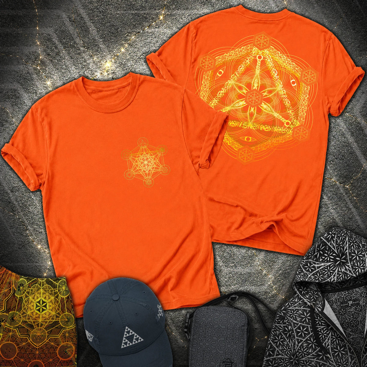 Interdimensional Tesseract Metatron 2 Sided T-Shirt - Interdimensional Tesseract Metatron 2 Sided T-Shirt - Orange