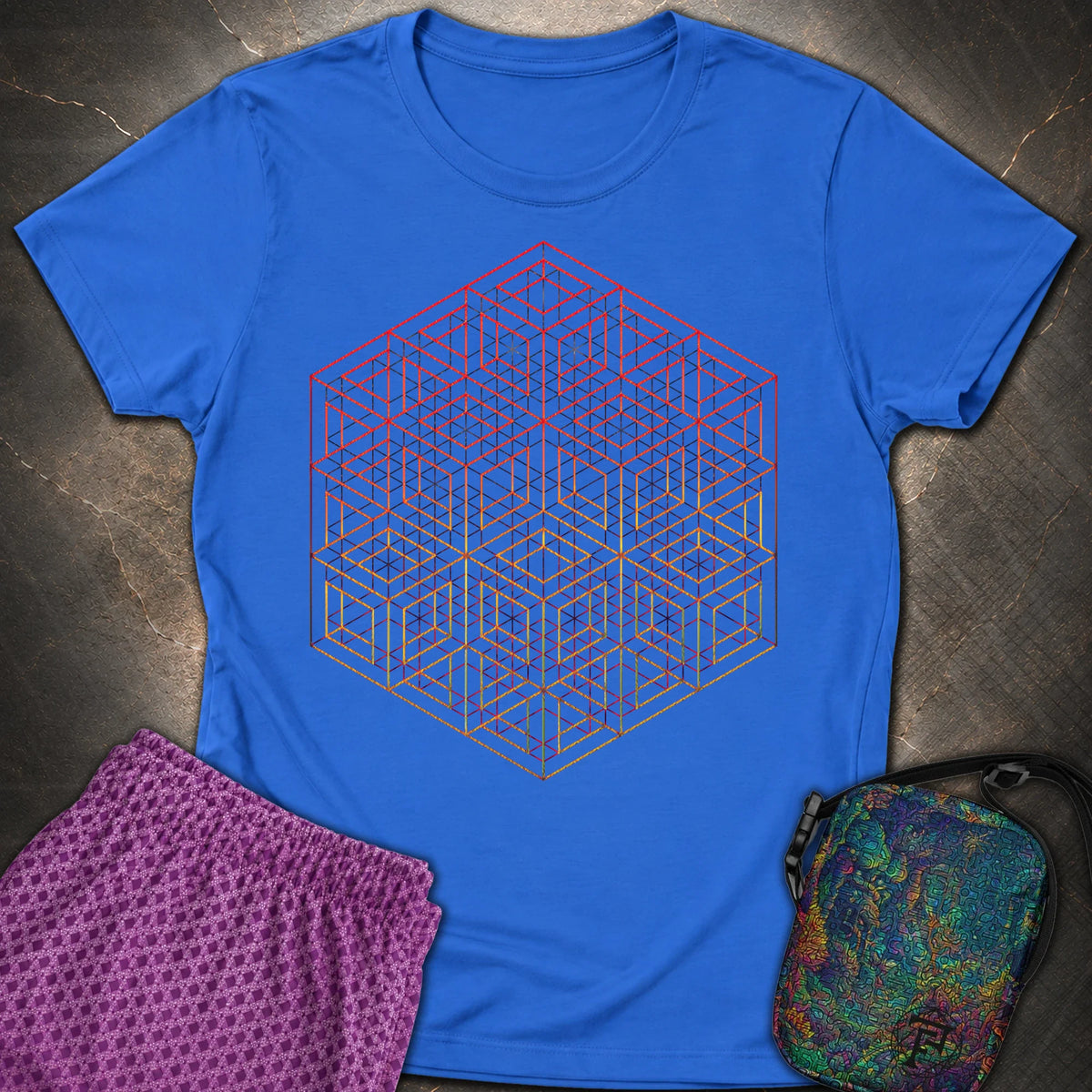 3D Wireframe Cube T-Shirt - 3D Wireframe Cube Womens T-Shirt - Royal