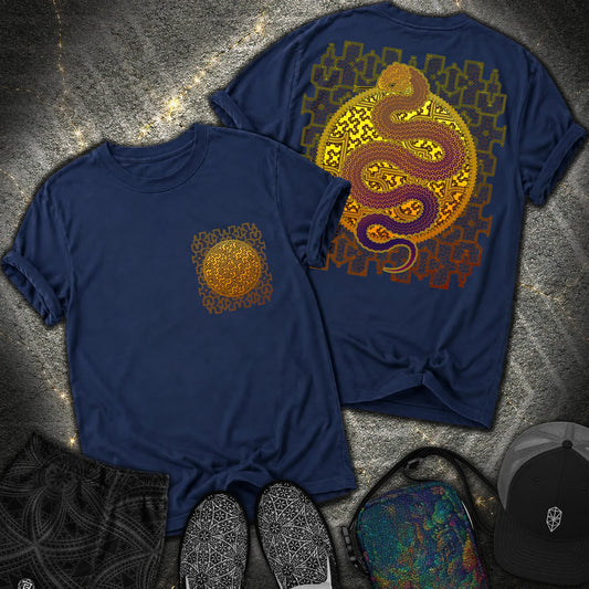Shipibo Kene Cosmic Snake Comfort 2 Sided T-shirt - Shipibo Kene Cosmic Snake Comfort 2 Sided T-shirt - True Navy