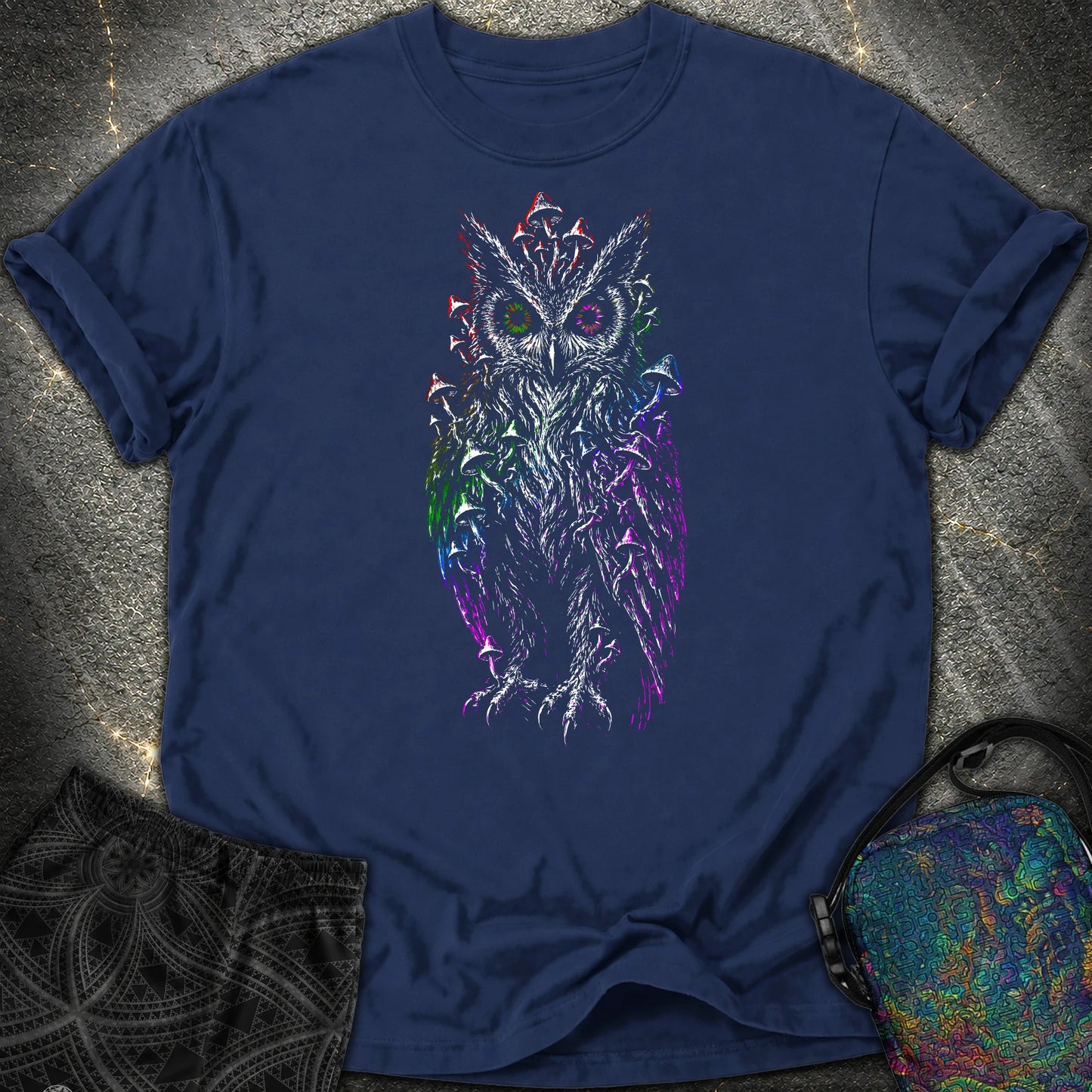 Trippy Mushroom Owl Comfort T-Shirt - Trippy Mushroom Owl Comfort T-Shirt - True Navy